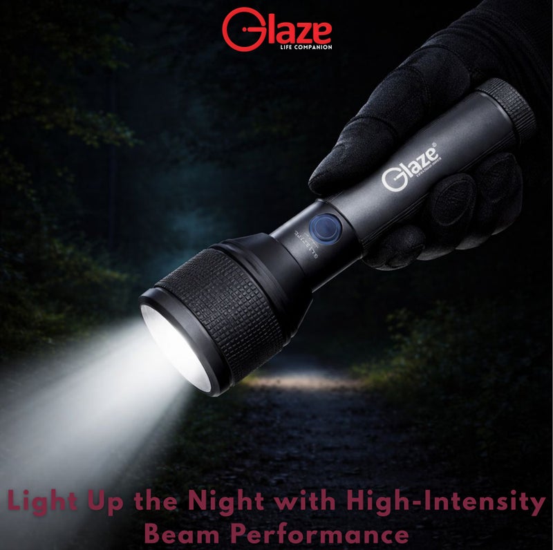 جليز مصباح يدوي LED قابل لإعادة الشحن، طاقة عالية 15 واط، مدى إضاءة يصل إلى 400 متر، بطارية ليثيوم أيون 18650، شحن USB، عمر افتراضي يصل إلى 100,000 ساعة، مصباح يدوي شديد التحمل GL1327FL - أسود - Image 2